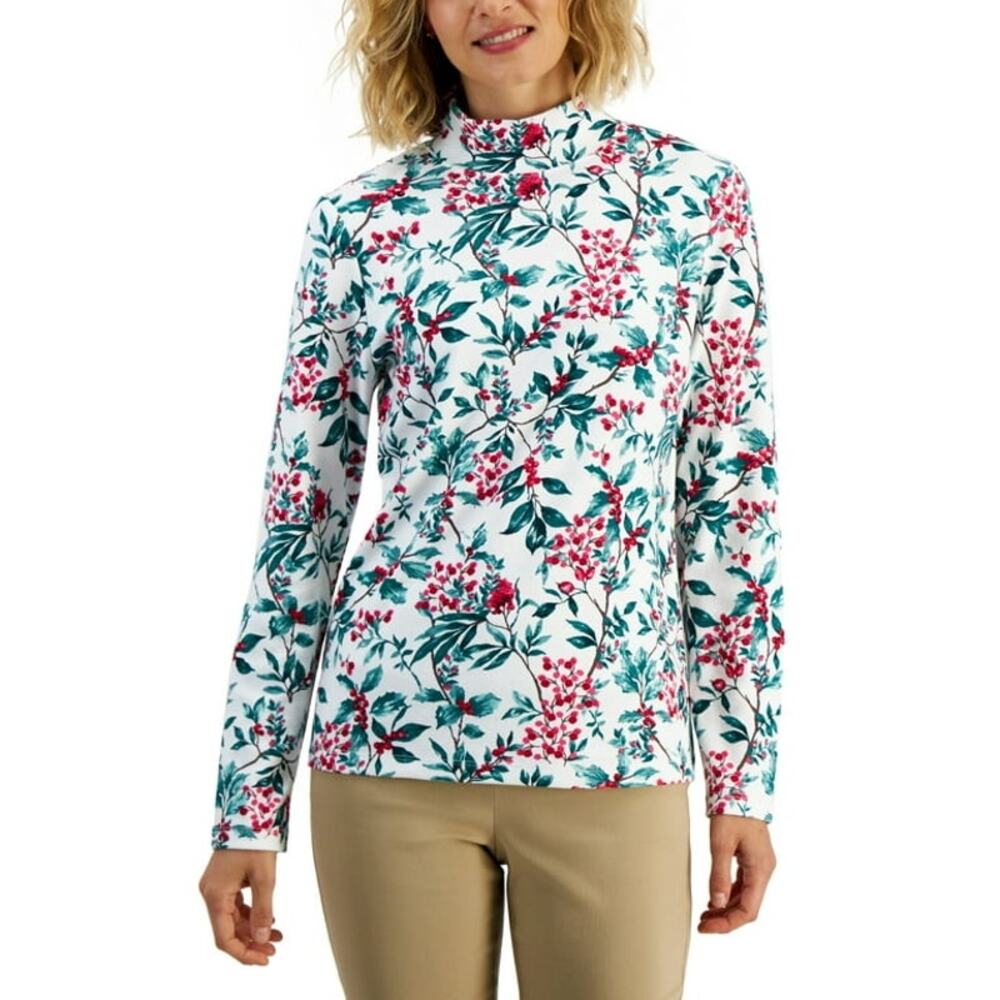 Christmas Mock Neck Top Karen Scott Women's XL Holly Leaves White Green Red